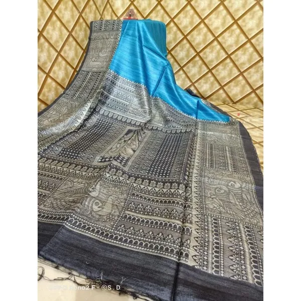 Silkmark_Tussar_Joyful_Blockprint_Blue_Saree