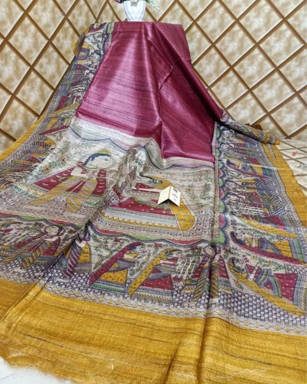 Silkmark_Tussar_Unique_Madhubani_Red_&_Yellow_Saree