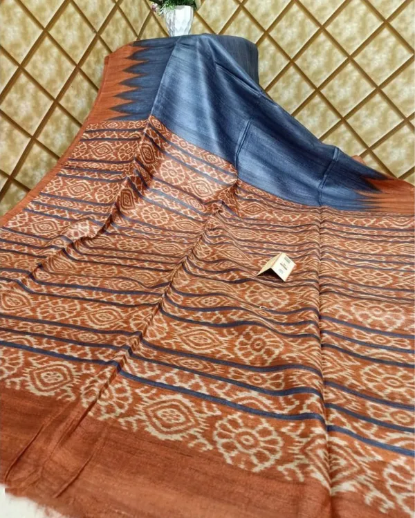 Silkmark_Tussar_Stunning_Blockprint_Blue_&_Brown_Saree