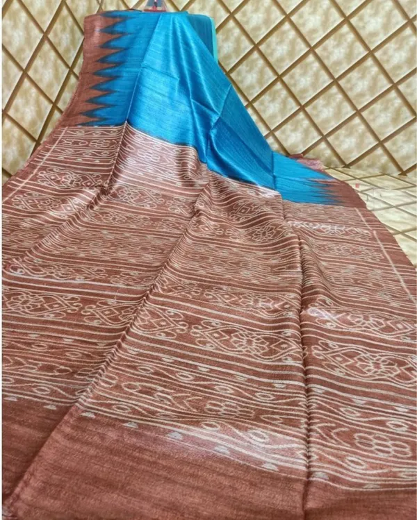Silkmark_Tussar_Beaming_Blockprint_Blue_Saree