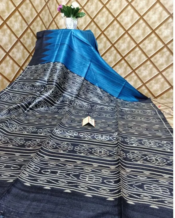Silkmark_Tussar_Serene_Blockprint_Blue_&_Black_Saree