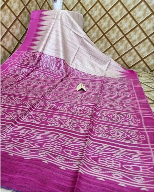 Silkmark_Tussar_Vivid_Blockprint_White_&_Pink_Saree
