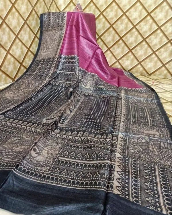 Silkmark_Tussar_Artistic_Madhubani_Pink_&_Black_Saree