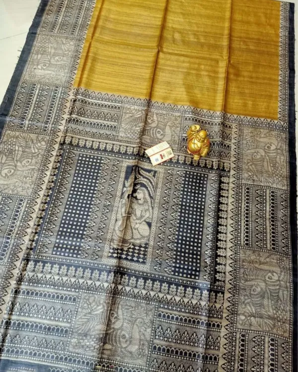 Silkmark_Tussar_Shining_Madhubani_Yellow_&_Black_Saree