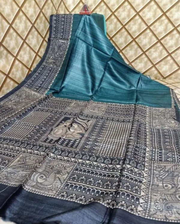 Silkmark_Tussar_Unique_Madhubani_Blue_&_Black_Saree