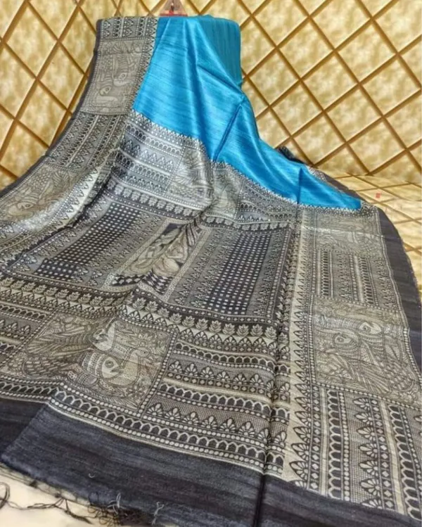 Silkmark_Tussar_Classic_Madhubani_Blue_&_Black_Saree