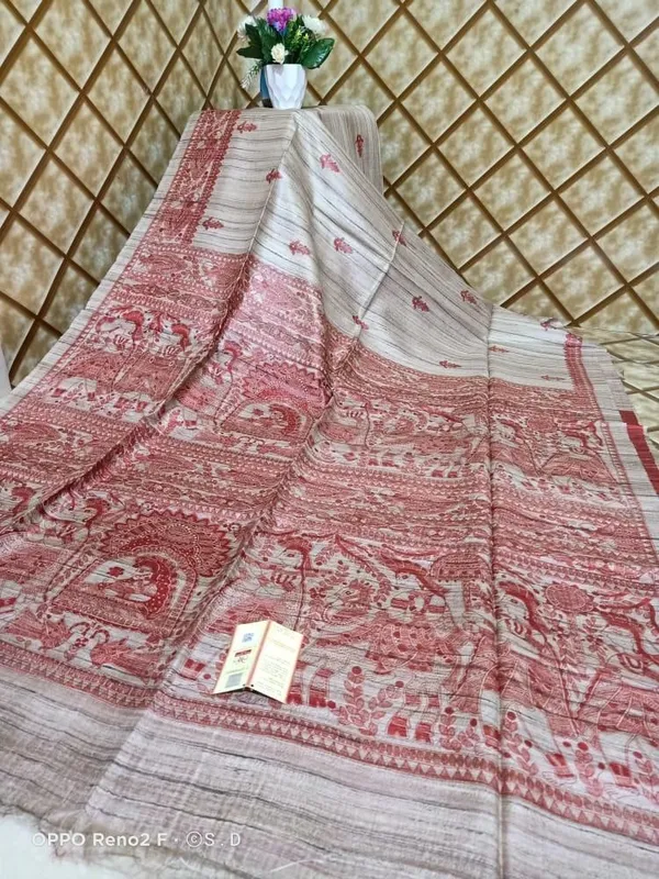 Silkmark_Tussar_Splendid_Madhubani_Biege_&_Red_Saree
