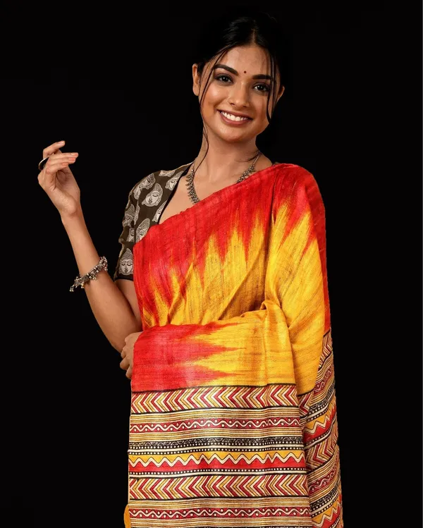Silkmark_Tussar_Sunny_Blockprint_Mustard_&_Red_Saree