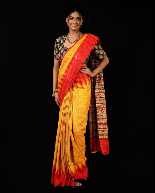 Silkmark_Tussar_Sunny_Blockprint_Mustard_&_Red_Saree