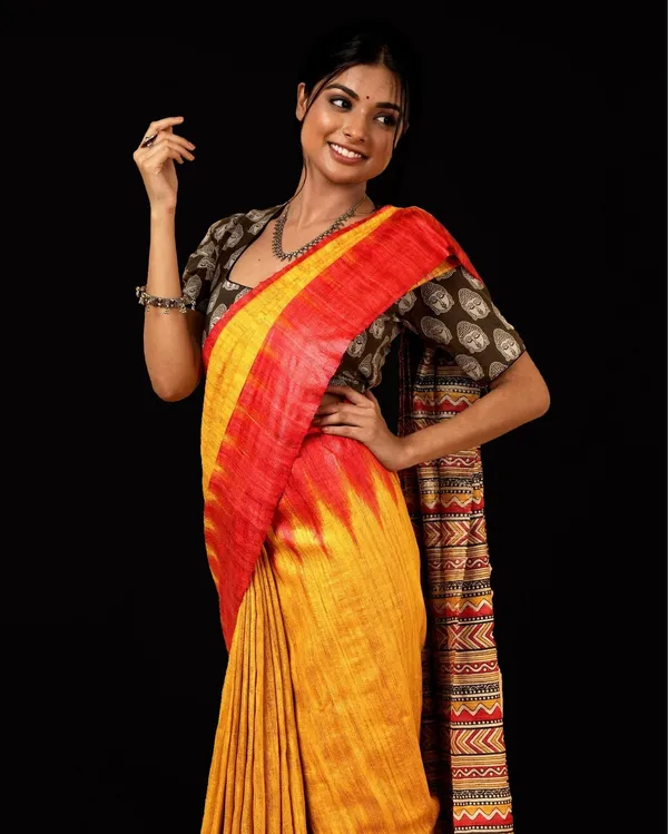 Silkmark_Tussar_Sunny_Blockprint_Mustard_&_Red_Saree
