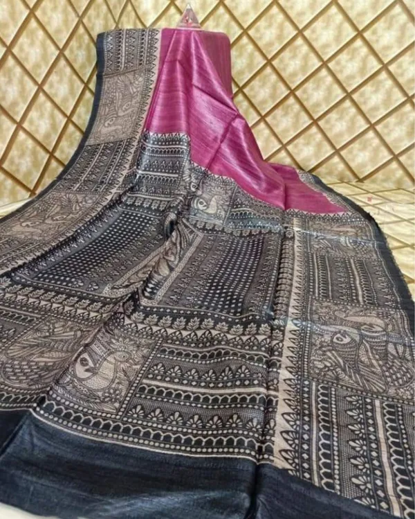 Silkmark_Tussar_Adorable_Madhubani_Pink_&_Blue_Saree