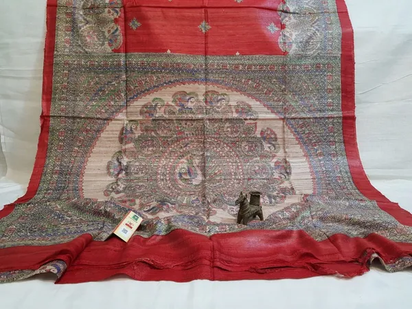 Silkmark_Tussar_Precious_Madhubani_Red_&_Beige_Saree