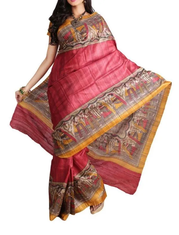 Silkmark_Tussar_Scintillating_Blockprint_Red_Saree