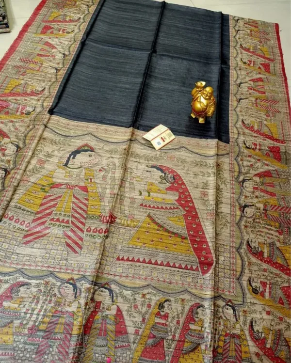 Silkmark_Tussar_Beaming_Madhubani_Black_&_Beige_Saree