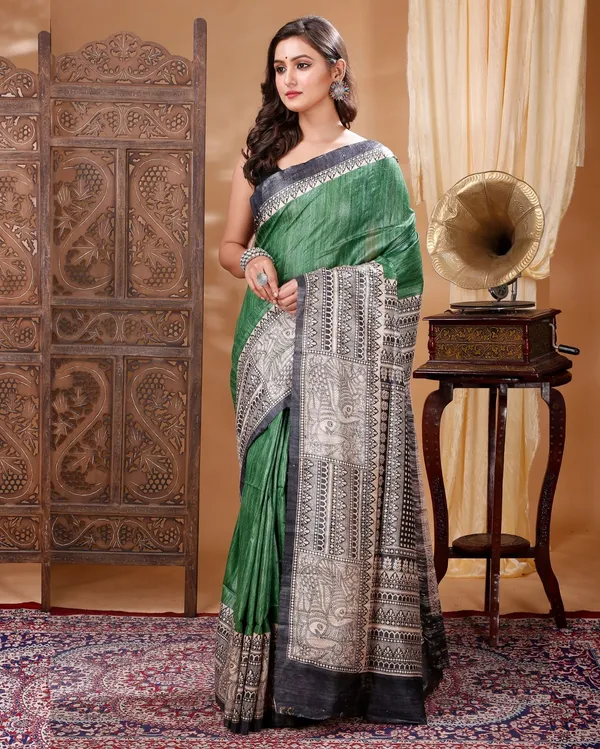 Silkmark_Tussar_Modern_Madhubani_Green_&_Black_Saree