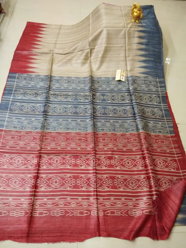 Silkmark_Tussar_Fanciful_Blockprint_Biege_&_Red_Saree