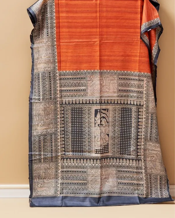 Silkmark_Tussar_Adorable_Madhubani_Orange_&_Blue_Saree