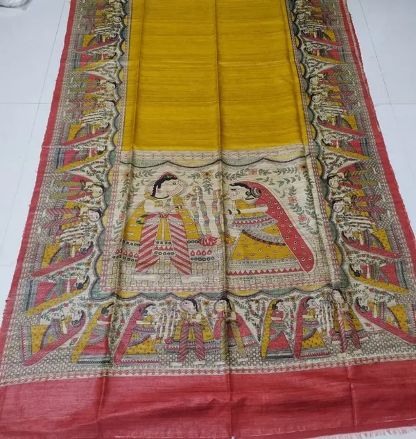 Silkmark_Tussar_Elegant_Madhubani_Mustard_&_Red_Saree