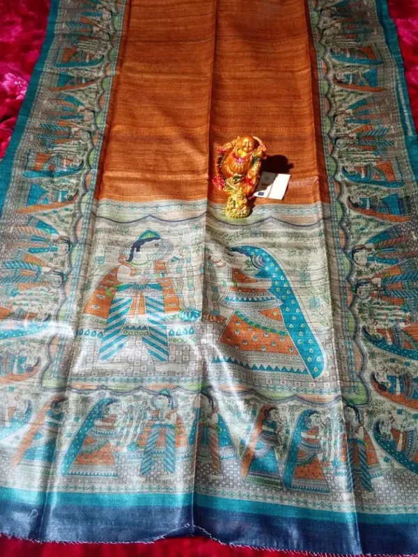 Silkmark_Tussar_Dazzling_Madhubani_Orange_&_Blue_Saree