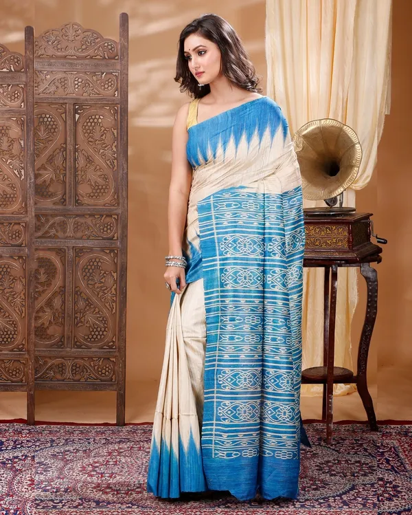 Silkmark_Tussar_Precious_Blockprint_Beige_&_Blue_Saree