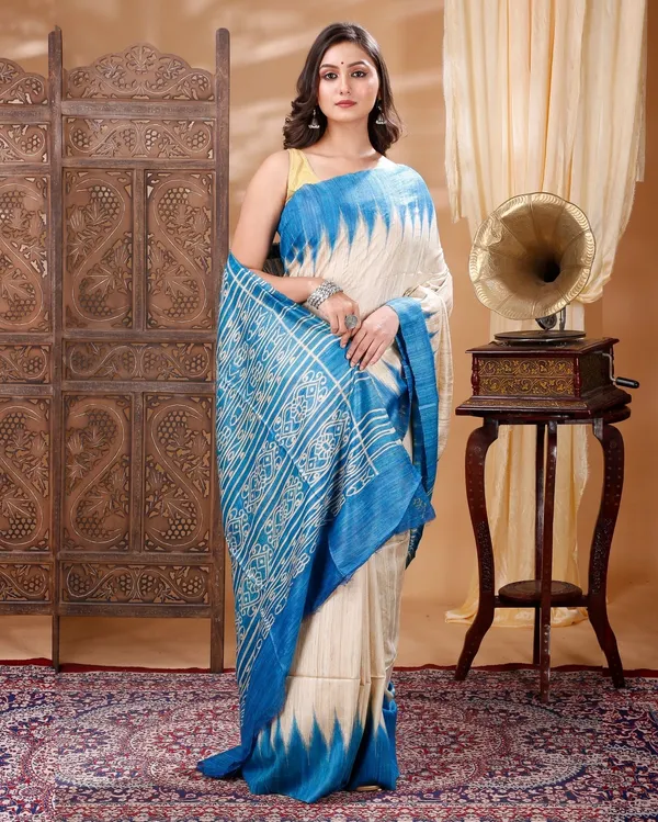 Silkmark_Tussar_Precious_Blockprint_Beige_&_Blue_Saree