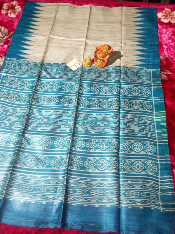 Silkmark_Tussar_Precious_Blockprint_Beige_&_Blue_Saree