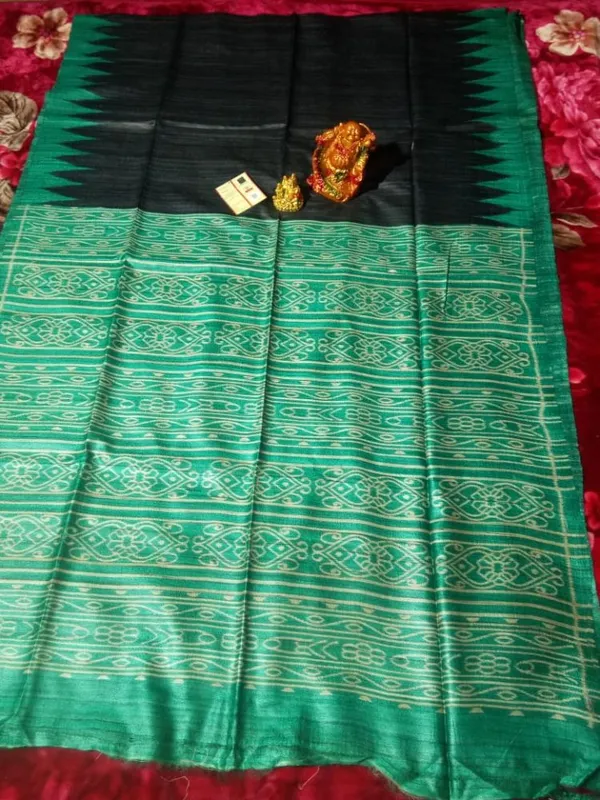 Silkmark_Tussar_Shining_Blockprint_Black_&_Green_Saree