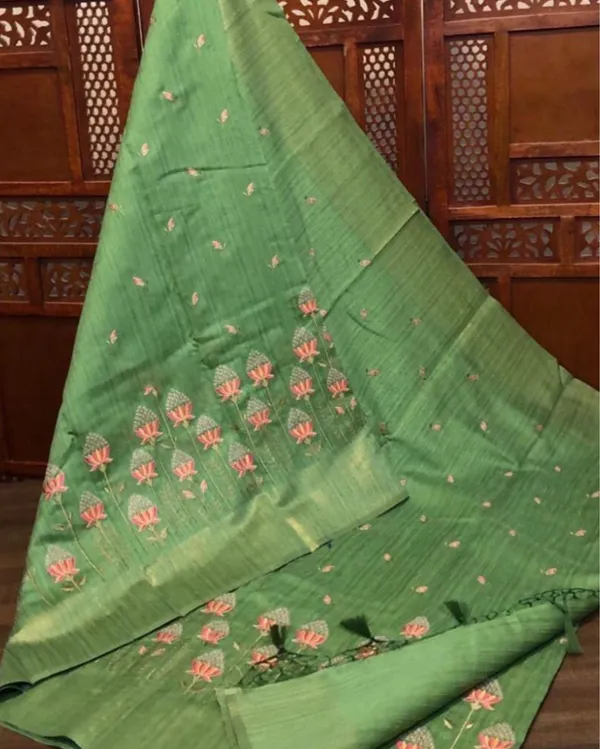 Silkmark_Certified_Pure_Tussar_Vivid_Embroidered_Green_Saree