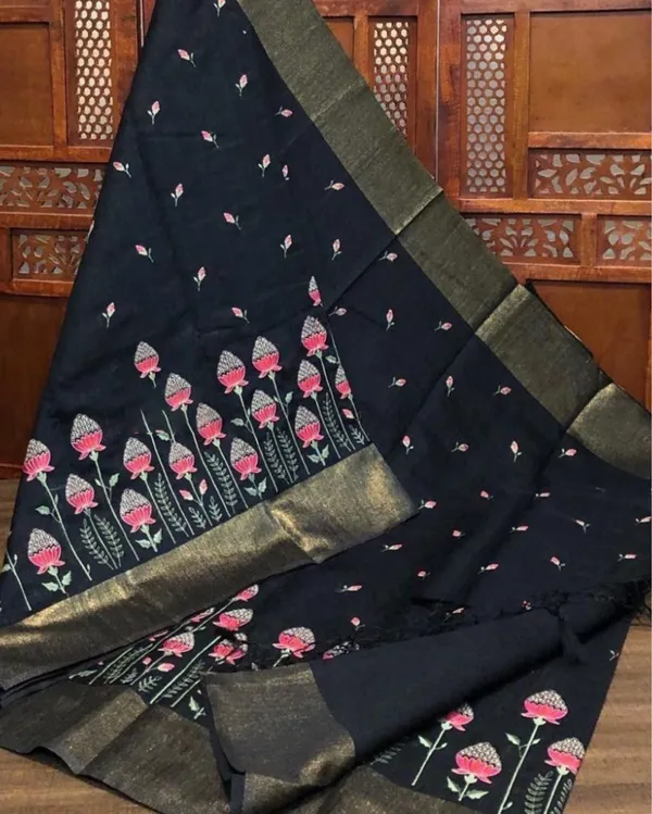 Silkmark_Certified_Pure_Tussar_Quaint_Embroidered_Black_Saree