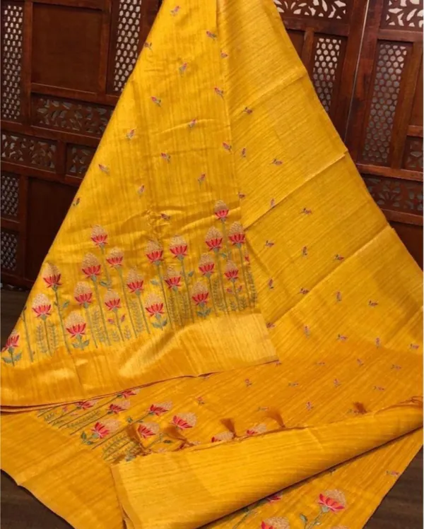 Silkmark_Certified_Pure_Tussar_Bold_Embroidered_Yellow_Saree