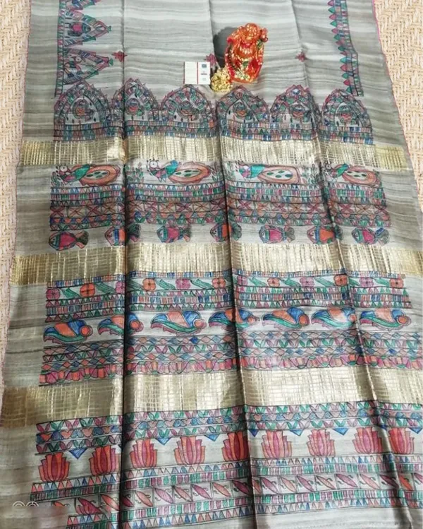 Silkmark_Tussar_Glossy_Madhubani_Handpainted_Biege_Saree