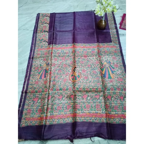 Silkmark_Tussar_Bold_Madhubani_Handpainted_Voilet_Saree