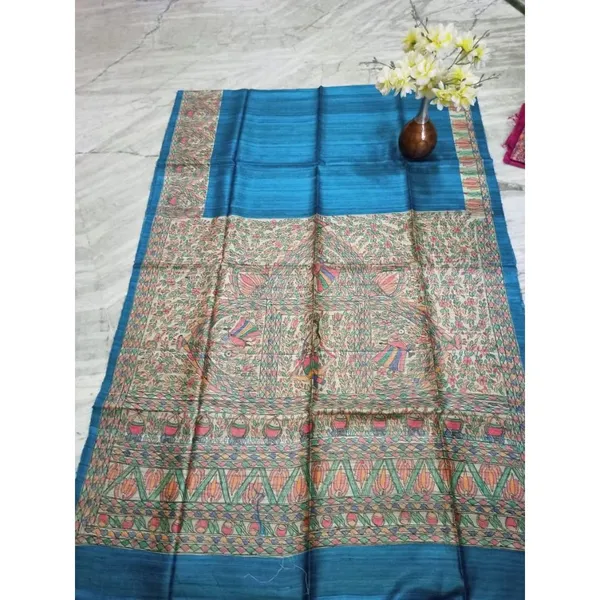 Silkmark_Tussar_Joyful_Madhubani_Handpainted_Blue_Saree