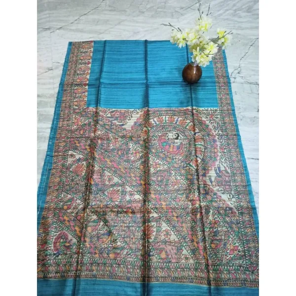Silkmark_Tussar_Poised_Madhubani_Handpainted_Blue_Saree