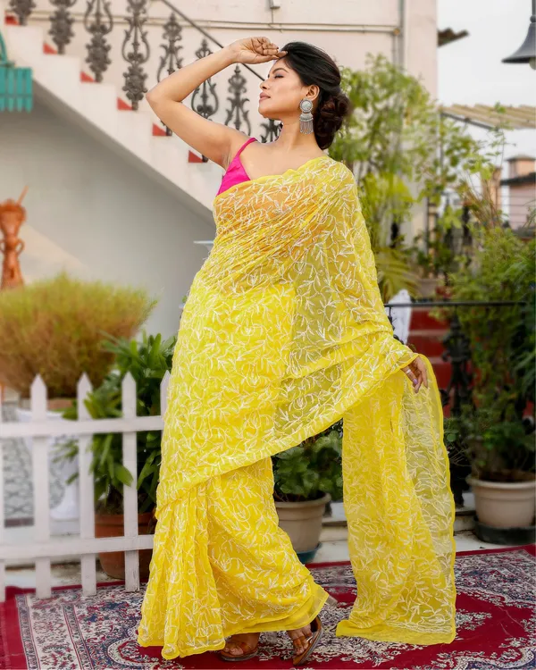 Tepchi_Handwork_Georgette_Work_Yellow_Saree