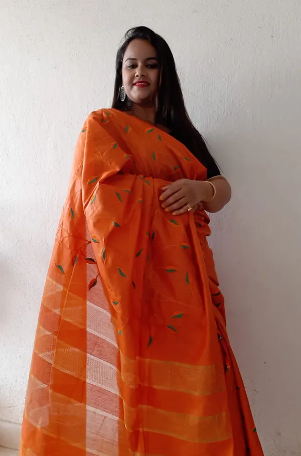 Silkmark_Blushing_Eri_Tussar_Silk_Embroidered_Orange_Saree