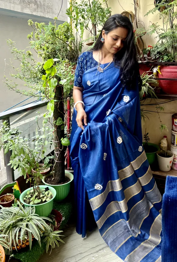 Silkmark_Decorous_Eri_Tussar_Silk_Embroidered_Blue_Saree