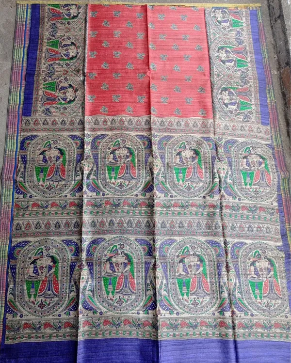 Silkmark_Tussar_Dreamy_Madhubani_Blue_&_Red_Saree