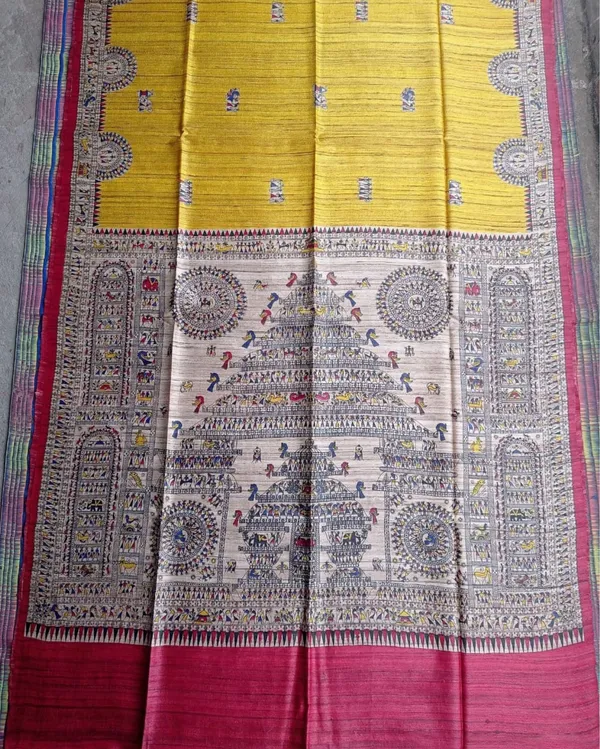 Silkmark_Tussar_Blissful_Madhubani_Yellow_&_Red_Saree