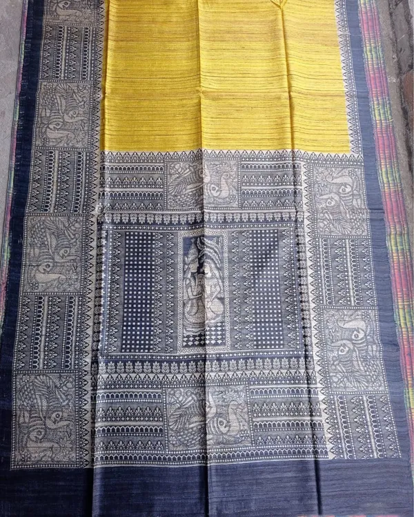 Silkmark_Tussar_Lustrous_Madhubani_Yellow_&_Black_Saree
