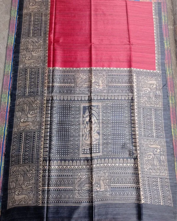 Silkmark_Tussar_Striking_Madhubani_Red_&_Black_Saree