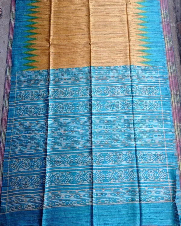 Silkmark_Tussar_Textured_Blockprint_Yellow_&_Blue_Saree
