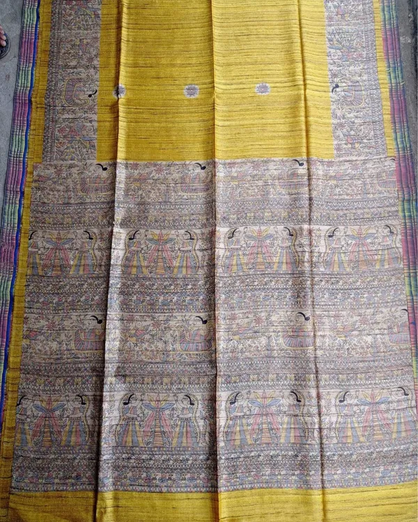 Silkmark_Tussar_Splendid_Madhubani_Yellow_&_Beige_Saree