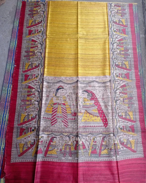 Silkmark_Tussar_Creative_Madhubani_Yellow_&_Red_Saree