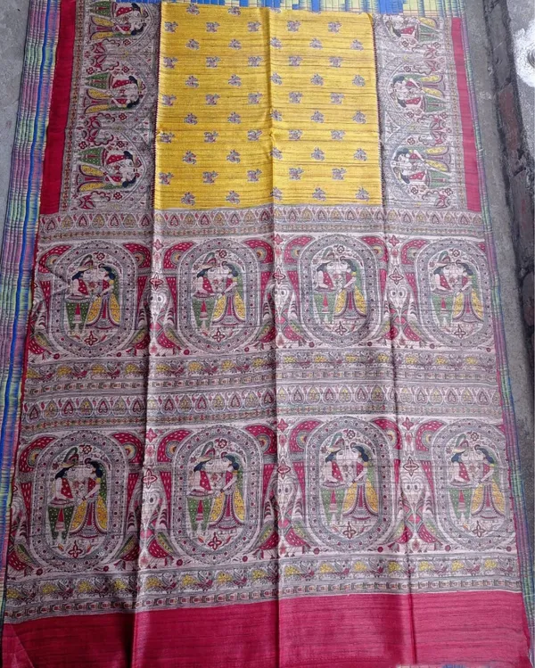 Silkmark_Tussar_Fanciful_Madhubani_Yellow_&_Red__Saree