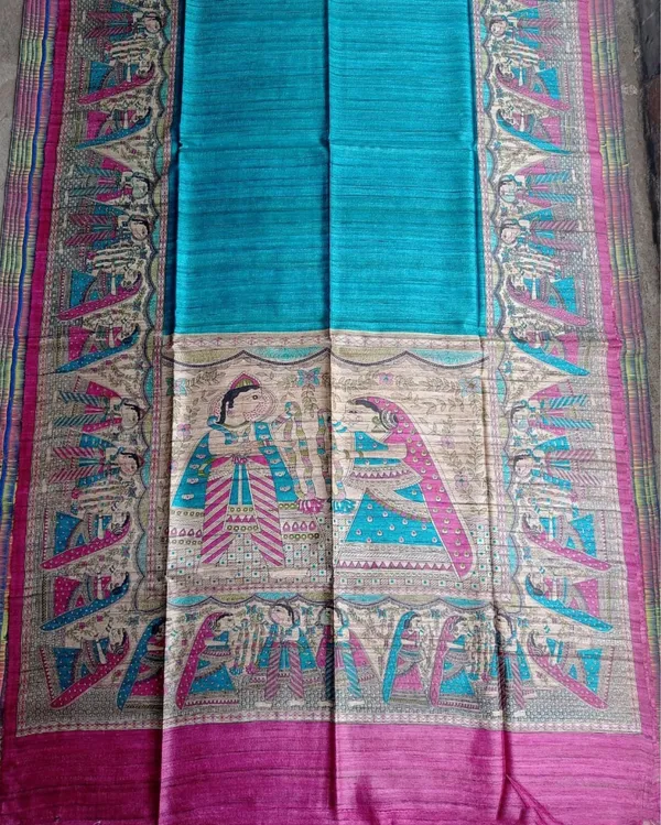 Silkmark_Tussar_Kinetic_Madhubani_Blue_&_Pink_Saree