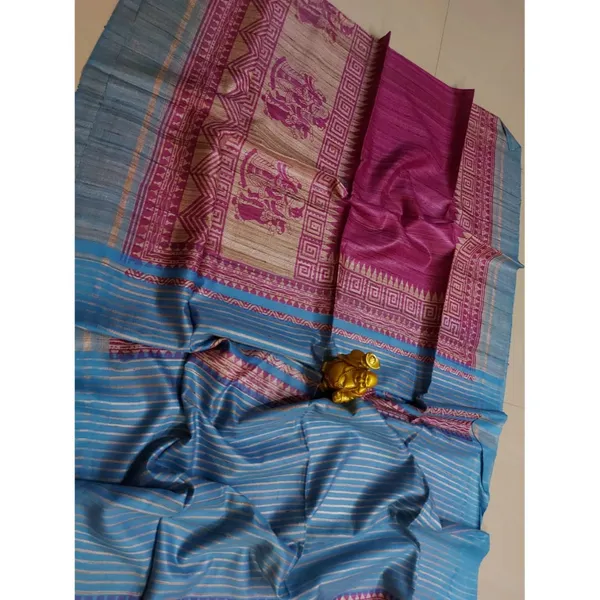 Silkmark_Tussar_Misty_Blockprint_Blue_&_Pink_Saree