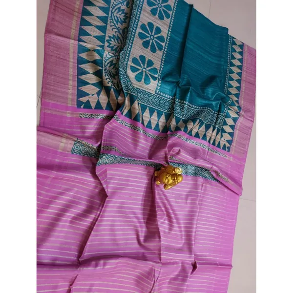 Silkmark_Tussar_Stunning_Blockprint_Blue_&_Pink_Saree
