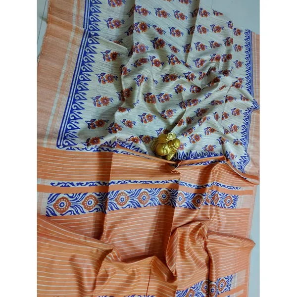 Silkmark_Tussar_Radiant_Blockprint_Blue_&_Orange_Saree