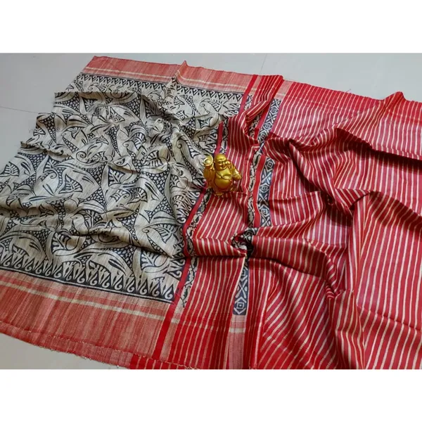 Silkmark_Tussar_Pastoral_Blockprint_Red_&_Black_Saree